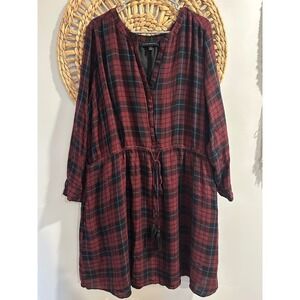 Lane Bryant Plaid Drawstring Waist Dress Burgundy Black Plus Size 28 Long Sleeve